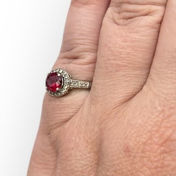 Ruby & Diamond Sterling Halo Ring HDS Signed Size 7 - Picture 3 of 9
